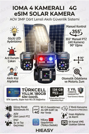 ioma 4 Kameralı Sim Kartlı Kamera, 2 Solar Panelli, PTZ aydınlatmalı, 2 Yönlü...