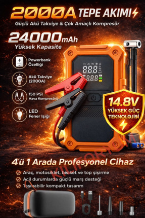 Kılıforyum 24000mAh Akü Takviye ve Hava Kompresörü 2000Amper 14.8V 150PSI Pow...