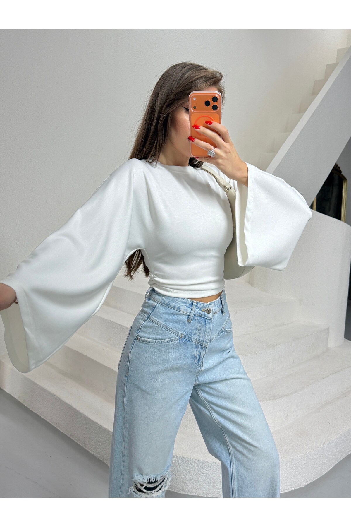 myd  Yarasa Kol Beli Büzgülü Bluz - Ekru - Görsel 7