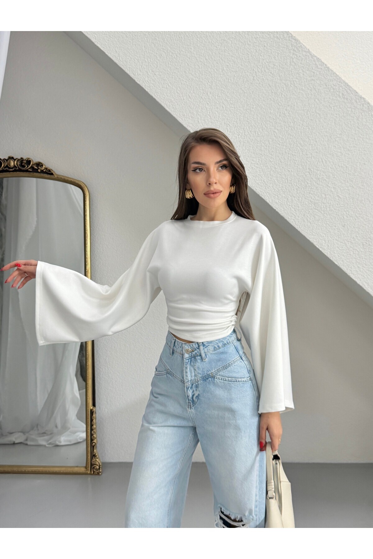 myd  Yarasa Kol Beli Büzgülü Bluz - Ekru - Görsel 3