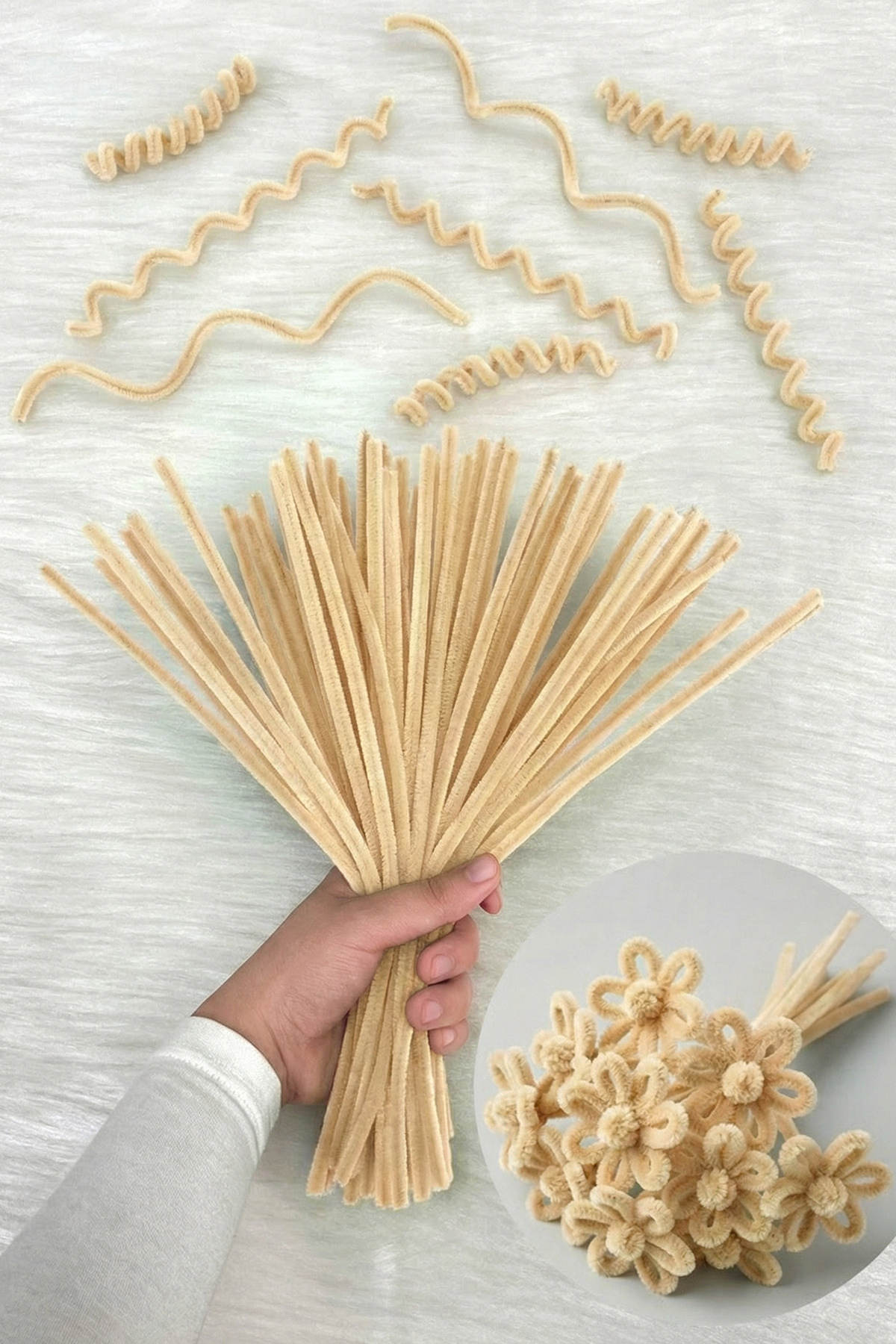 100 Pieces Vanilla Chenille 30cm, Feathered Plush Velvet Wire, Craft, Flower, Gift, Ornament, School, Event