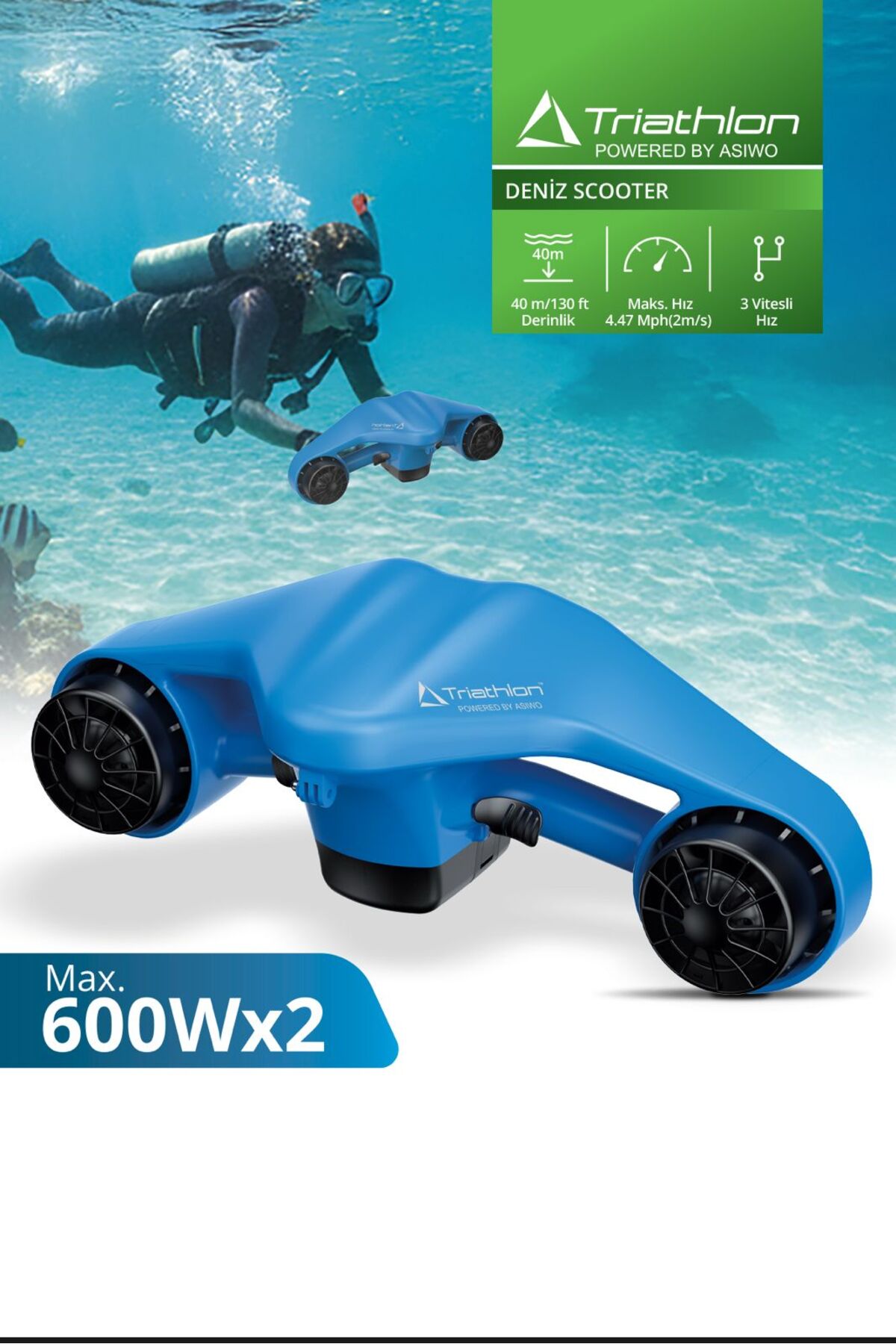 Triathlon T-249M Elektrikli Deniz Scooter 1200W Çift Motor 40m Dalış 3 Hız Aksiyon Kamera Sea Scooter