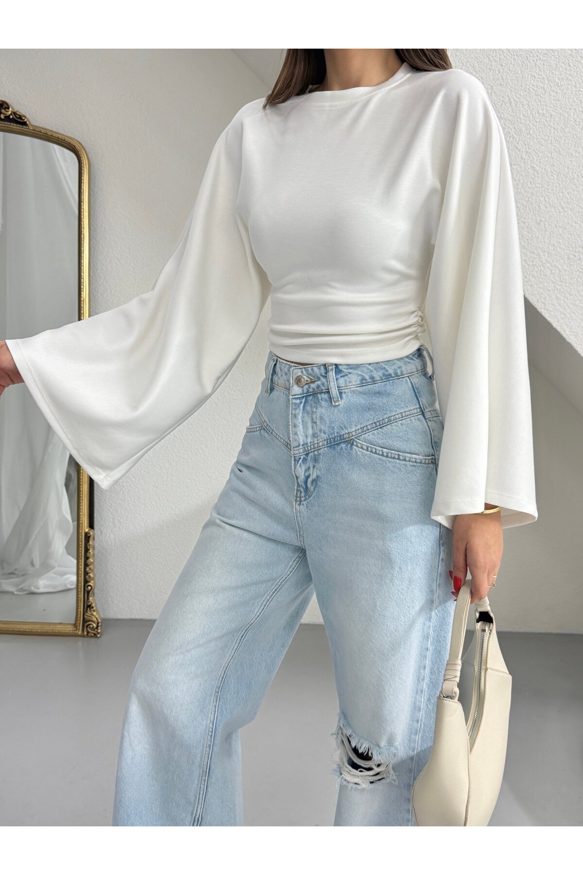 myd  Yarasa Kol Beli Büzgülü Bluz - Ekru - Görsel 5