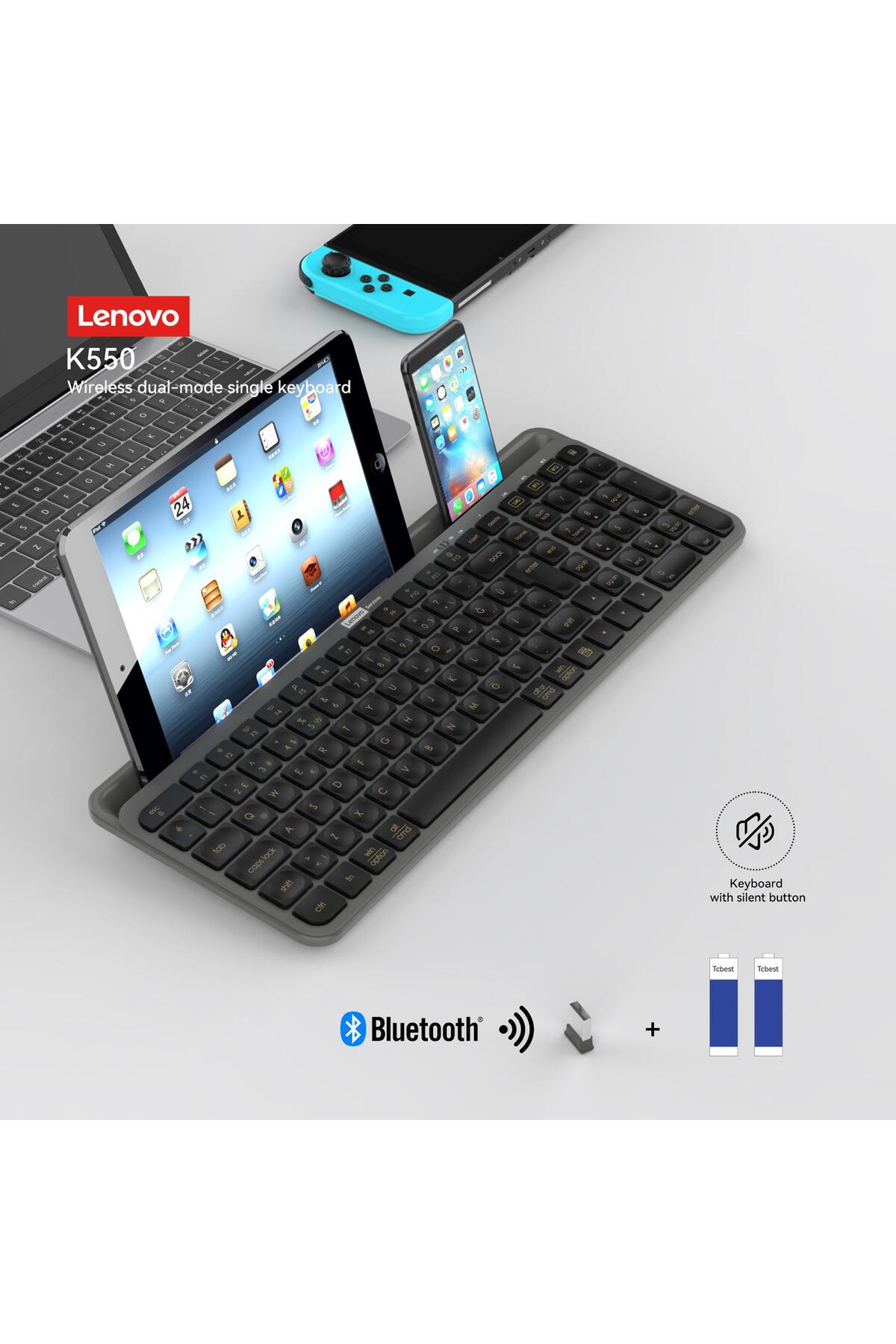 پایه تبلت K550 با بلوتوث + کیبورد بی‌سیم دو حالته ساکت 2.4 گیگاهرتز Q ترکی