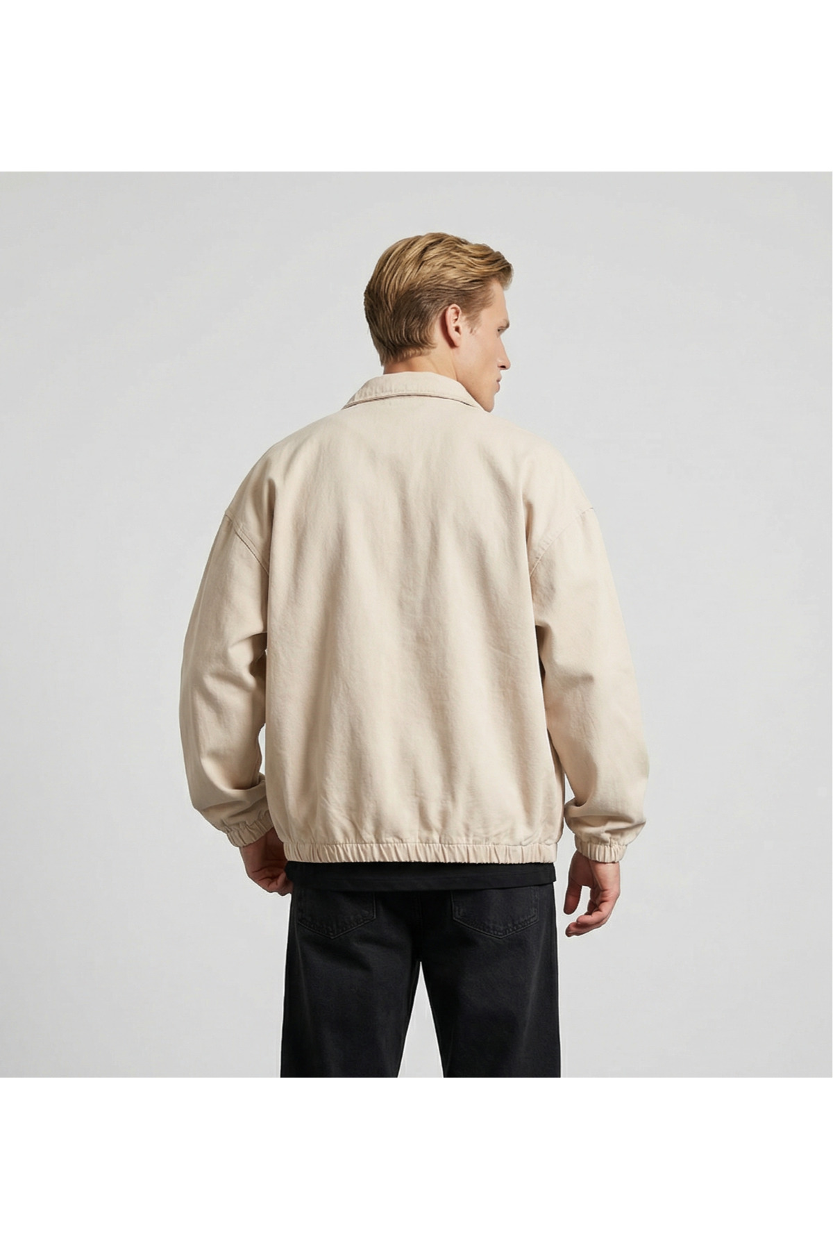 maroni  Erkek krem pamuklu gabardin kumaş klasik yaka bel ve kol lastikli fermuarlı ceket - Görsel 4