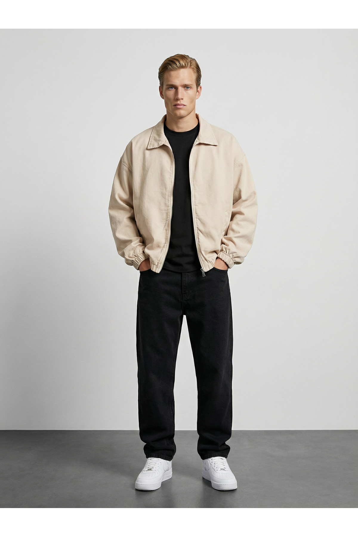 maroni  Erkek krem pamuklu gabardin kumaş klasik yaka bel ve kol lastikli fermuarlı ceket