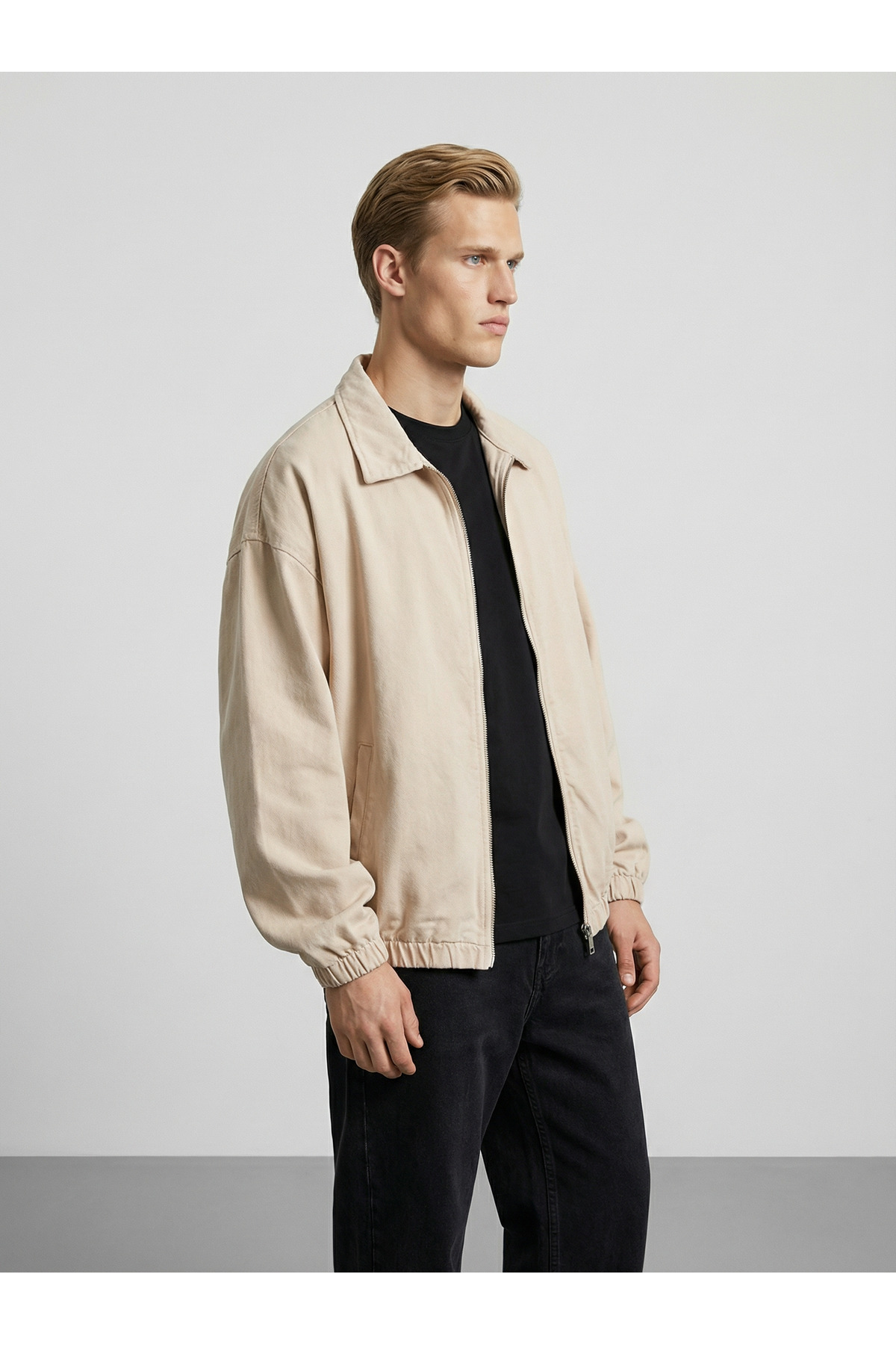 maroni  Erkek krem pamuklu gabardin kumaş klasik yaka bel ve kol lastikli fermuarlı ceket - Görsel 5