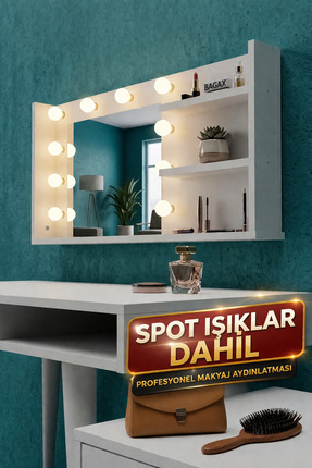 BAGAX Hollywood Işıklı Makyaj Aynası Beyaz Spot Işık Dahil Raflı Kulis Aynası