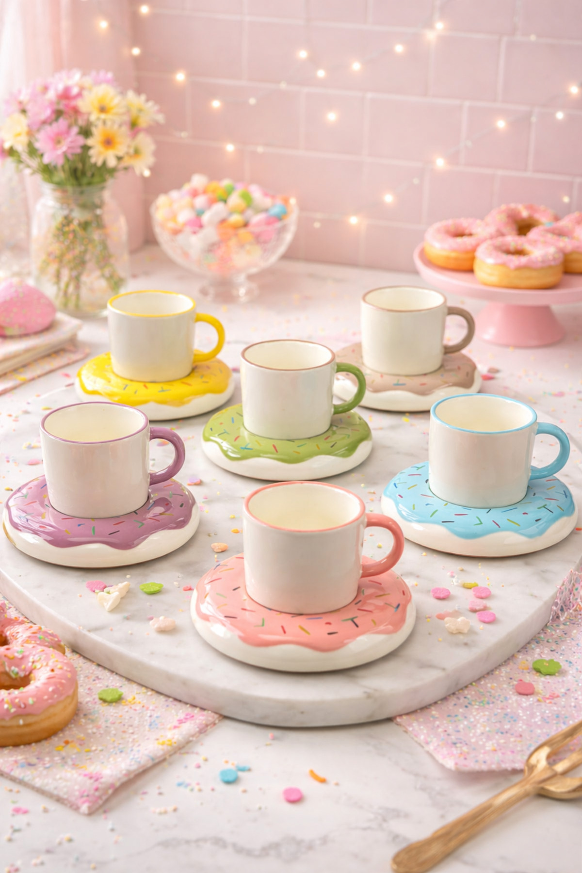 YzHome Acar 6 Kişilik Lüks Porselen Donut Tabaklı Renkli Kahve Fincan ...