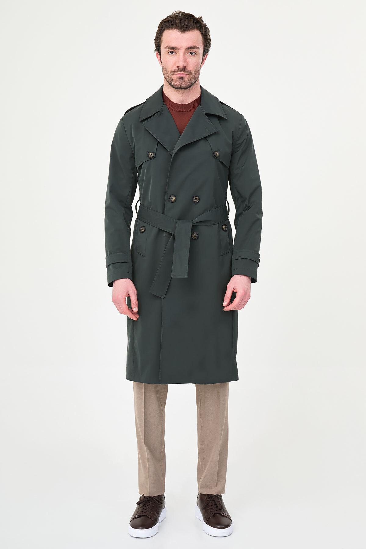 Mcr Düz Slim Fit Kuşaklı Kruvaze Uzun Erkek Trenchcoat Haki - 21340.26Y görsel 3