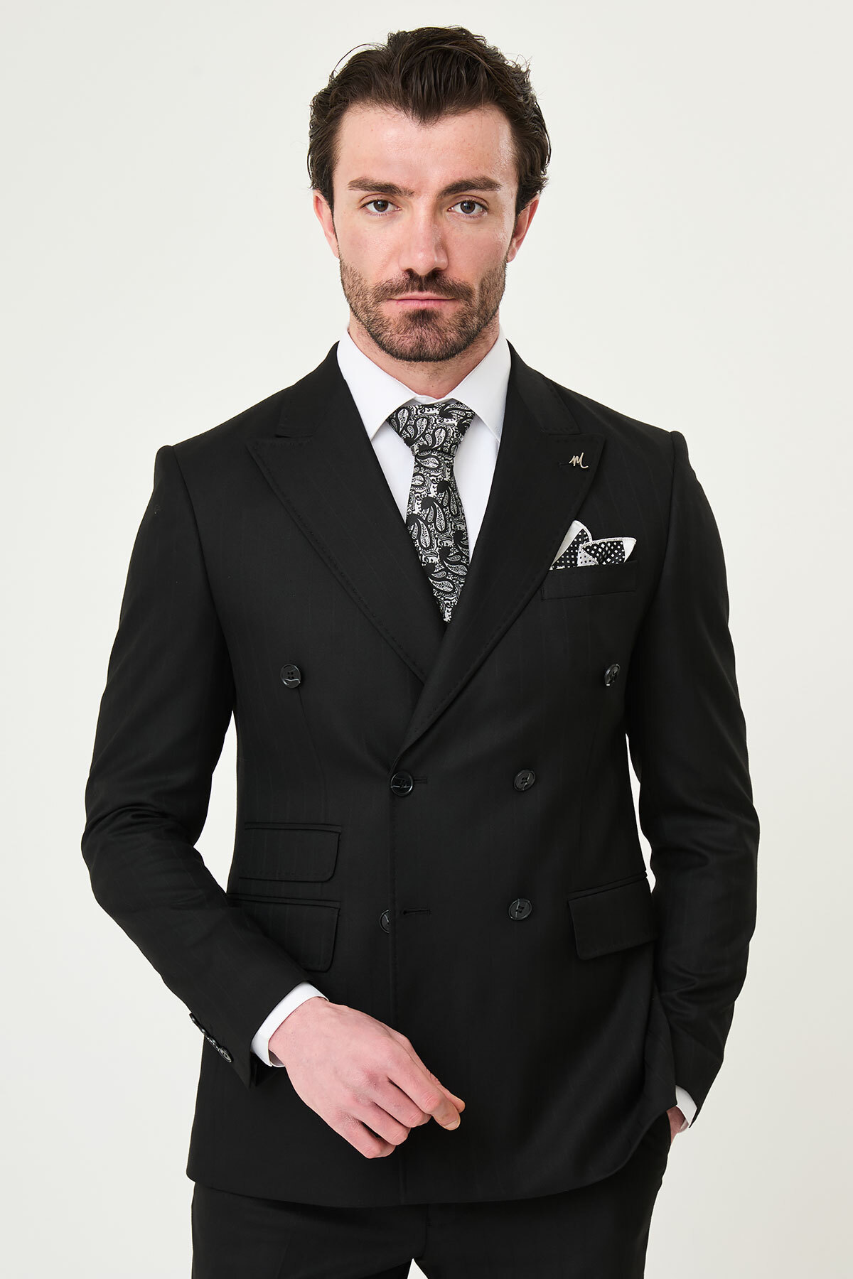 Mcr Striped Slim Fit Wide Collar Double Breasted Men's Suit Black - 45447.26Y