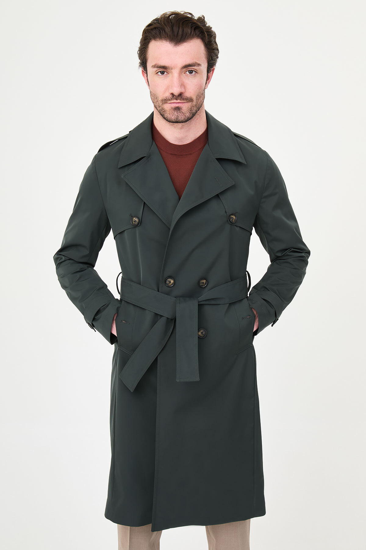 Mcr Düz Slim Fit Kuşaklı Kruvaze Uzun Erkek Trenchcoat Haki - 21340.26Y görsel 7