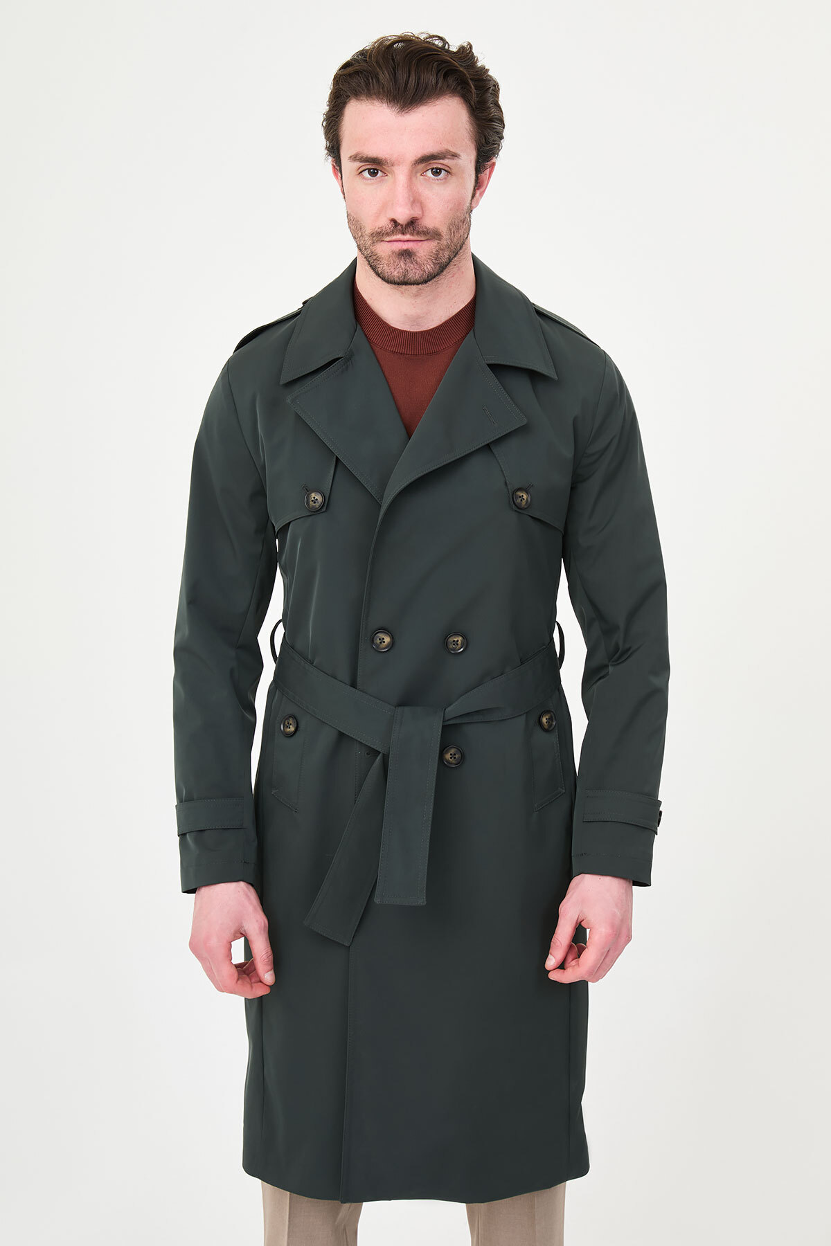 Mcr Düz Slim Fit Kuşaklı Kruvaze Uzun Erkek Trenchcoat Haki - 21340.26Y