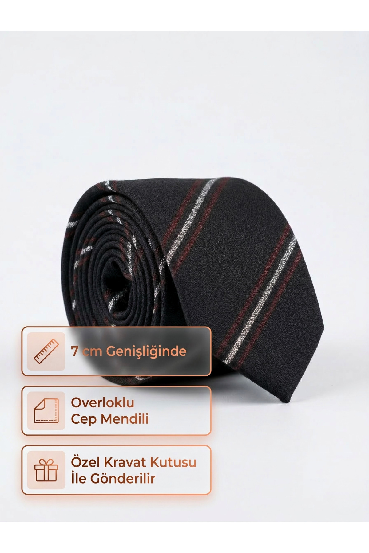 Elegante Cravatte Siyah Renk Çizgili Pamuklu Erkek Kravat - 7 cm Modern Kesim Şeritli Tasarım görsel 2