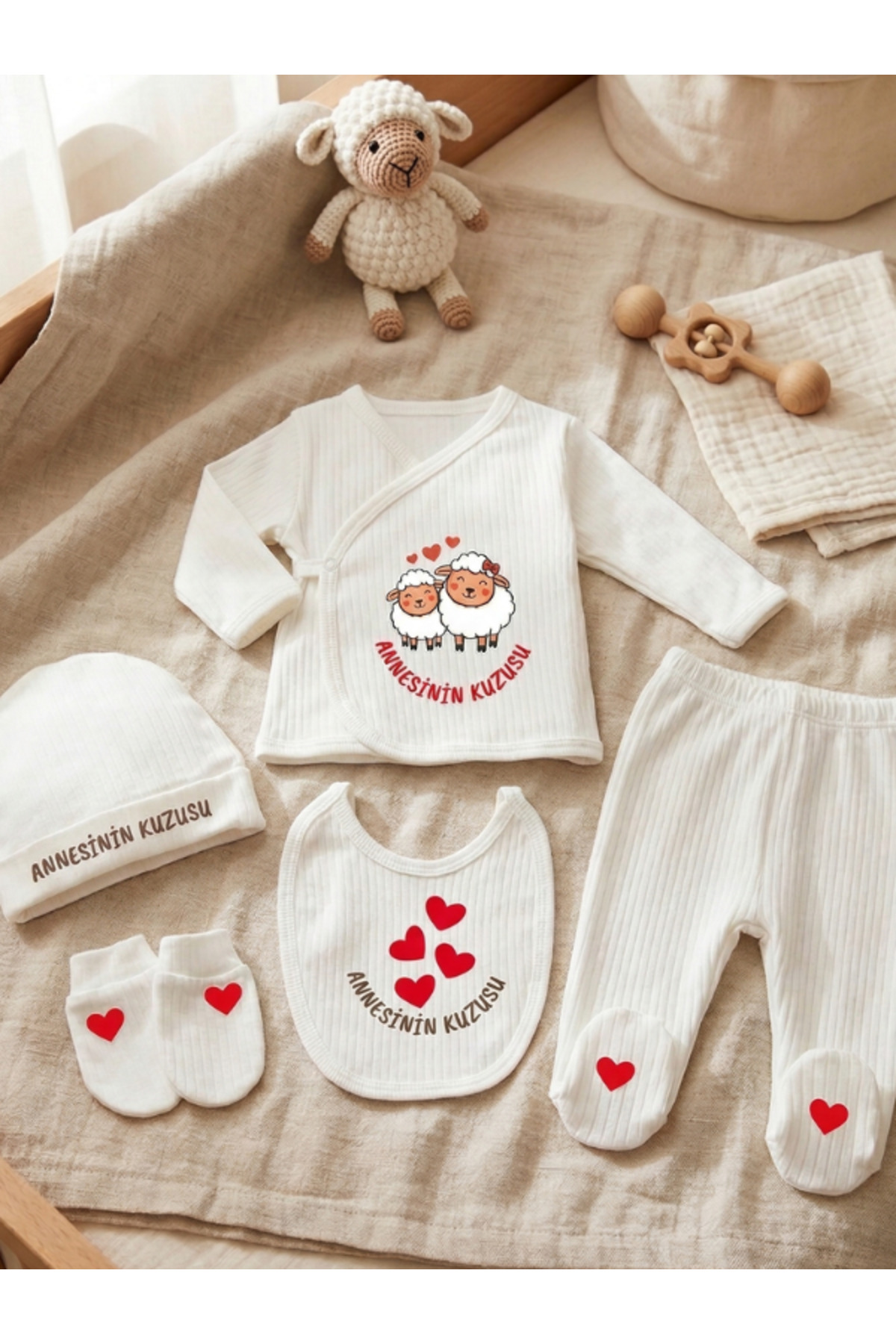 EGGBABY Annesinin Kuzusu Bebek Hastane Çıkış Seti 5 li Pamuk Yenidoğan Seti fotoğrafı 2 (önizleme)