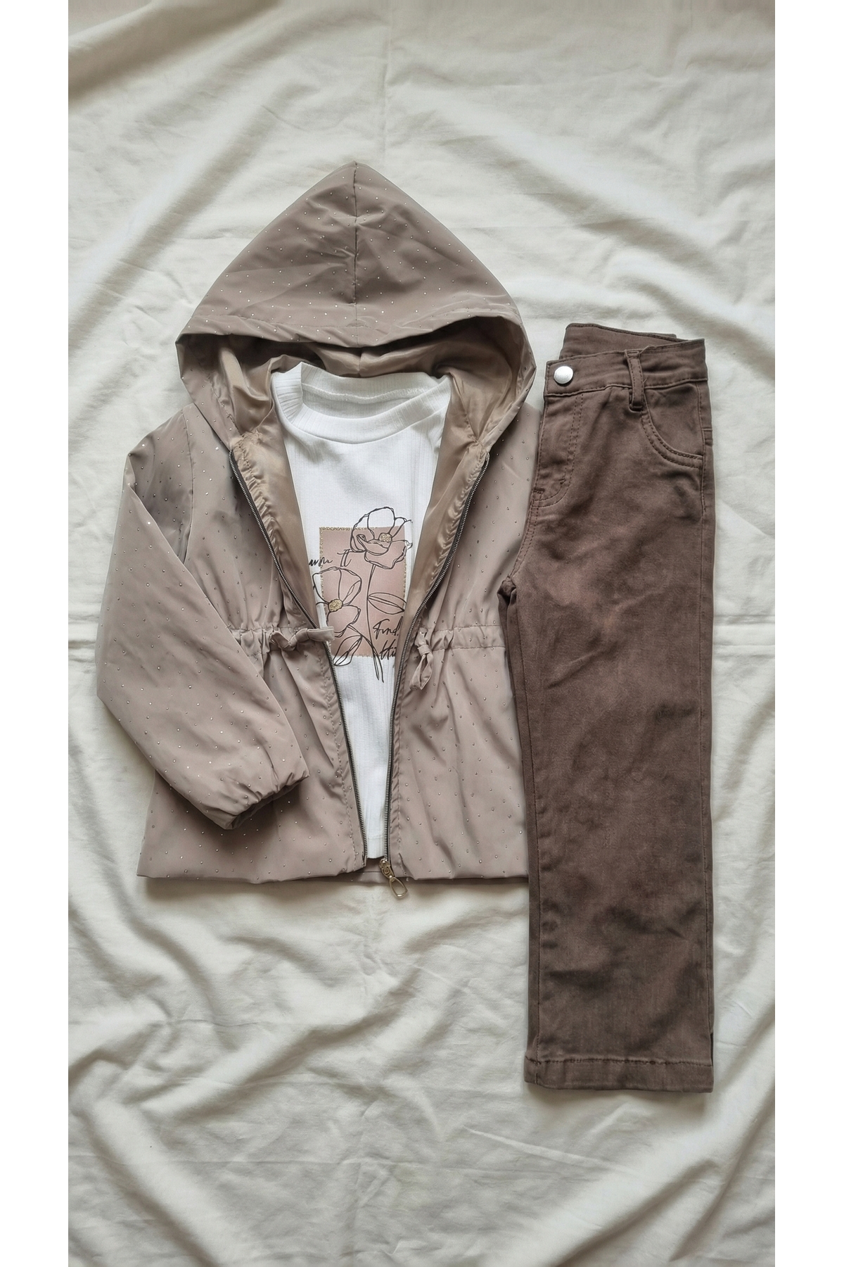 Sabi Kız Çocuk Taş İşlemeli Kapüşonlu Astarlı Yağmurluklu Üçlü Takım Set fotoğrafı 6 (önizleme)