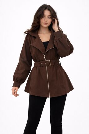 Vybe Collection Kadın Kahverengi Fermuarlı Kemerli Kısa Klos Trençkot