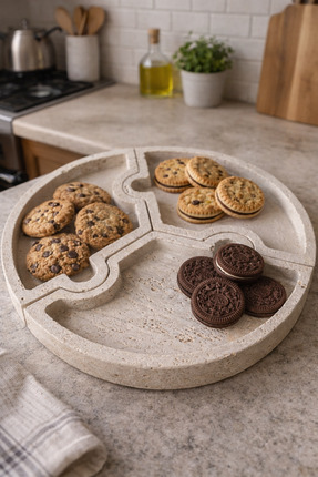 PEARL Doğal Traverten 3 Bölmeli Çerezlik / Sunum Tabağı – El Yapımı Dekoratif...