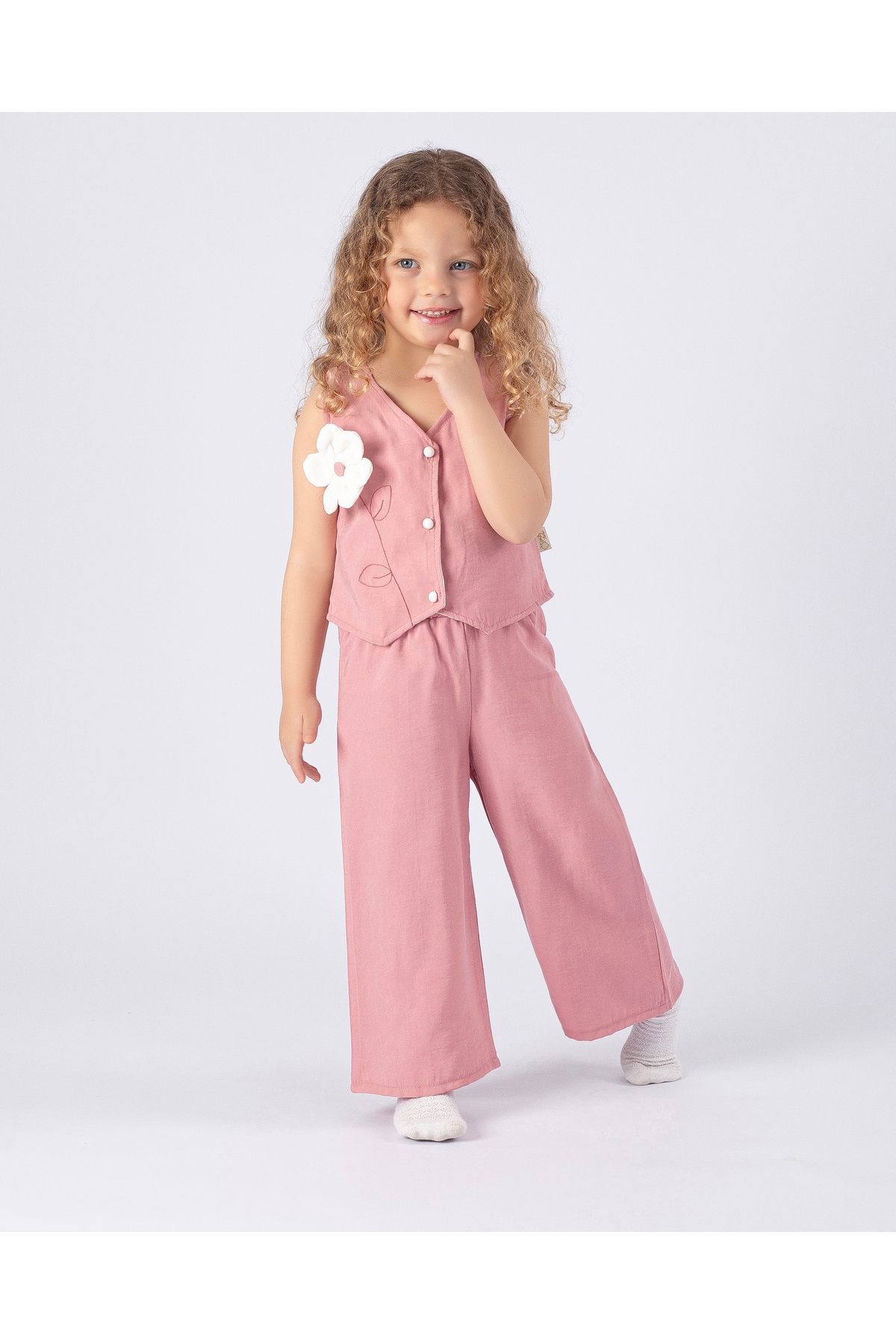 Girls Pants and Short Sleeve Floral Detailed Vest 2pcs Summer Holiday Set (2-3-4-5 Years)