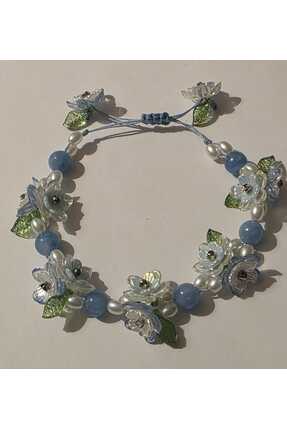 Gioriz Atelier Akuamarin Doğal Taş & Çiçek Detaylı El Yapımı Bileklik