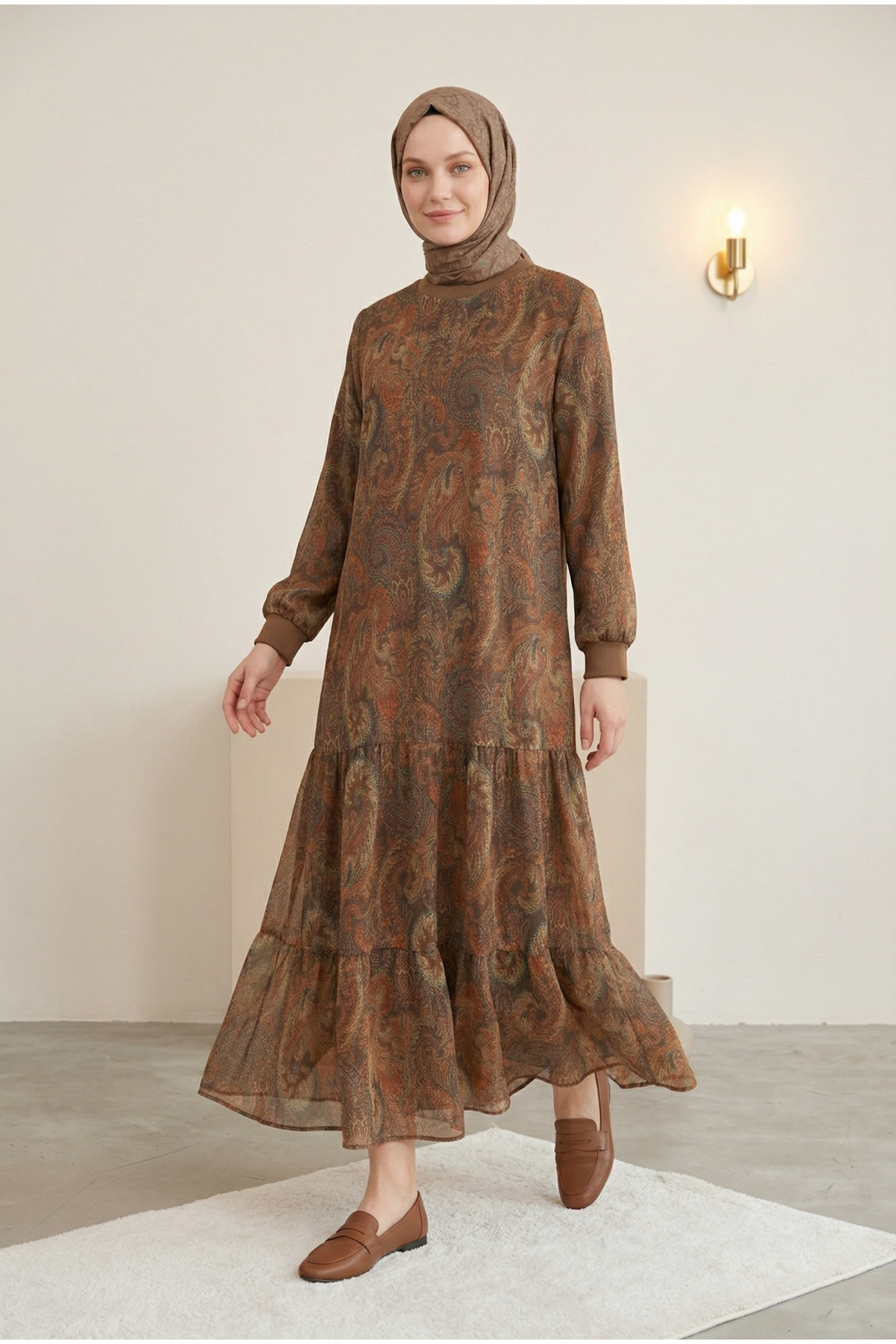 Women's Ethnic Pattern Crew Neck Lined Skirt Layered Chiffon Modest Dress - Light Brown