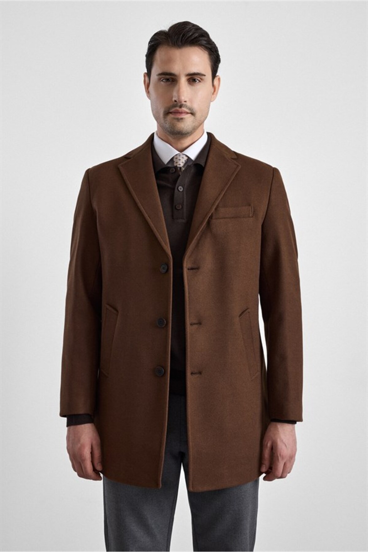 SÜVARİ  Koyu Kahve Slim Mono Yaka Düz Yan Cepli Düğmeli Dolgusuz Rüzgar Geçirmez Kaban - Görsel 3