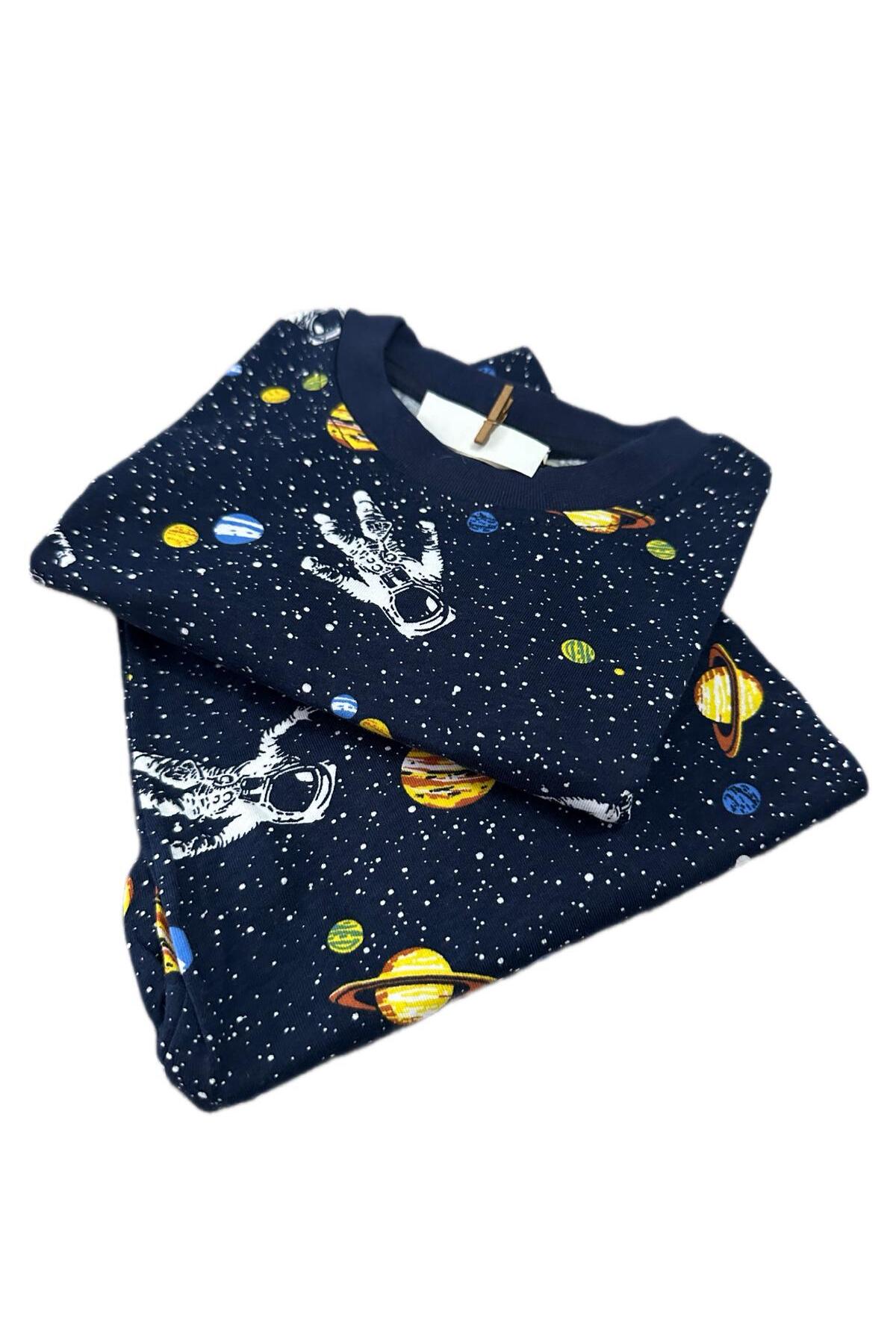 byalisdmr ERKEK ÇOCUK PİJAMA TAKIMI ASTRONOT UZAY TEMALI %100 PAMUK SÜPREM KUMAŞ KISA KOLLU BİSİKLET YAKA fotoğrafı 4 (önizleme)