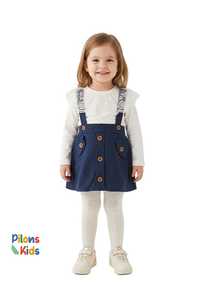 Pilons Kids Kız Çocuk %100 Pamuk Dantel Yakalı Penye ve Keten Jile Etek Takımı