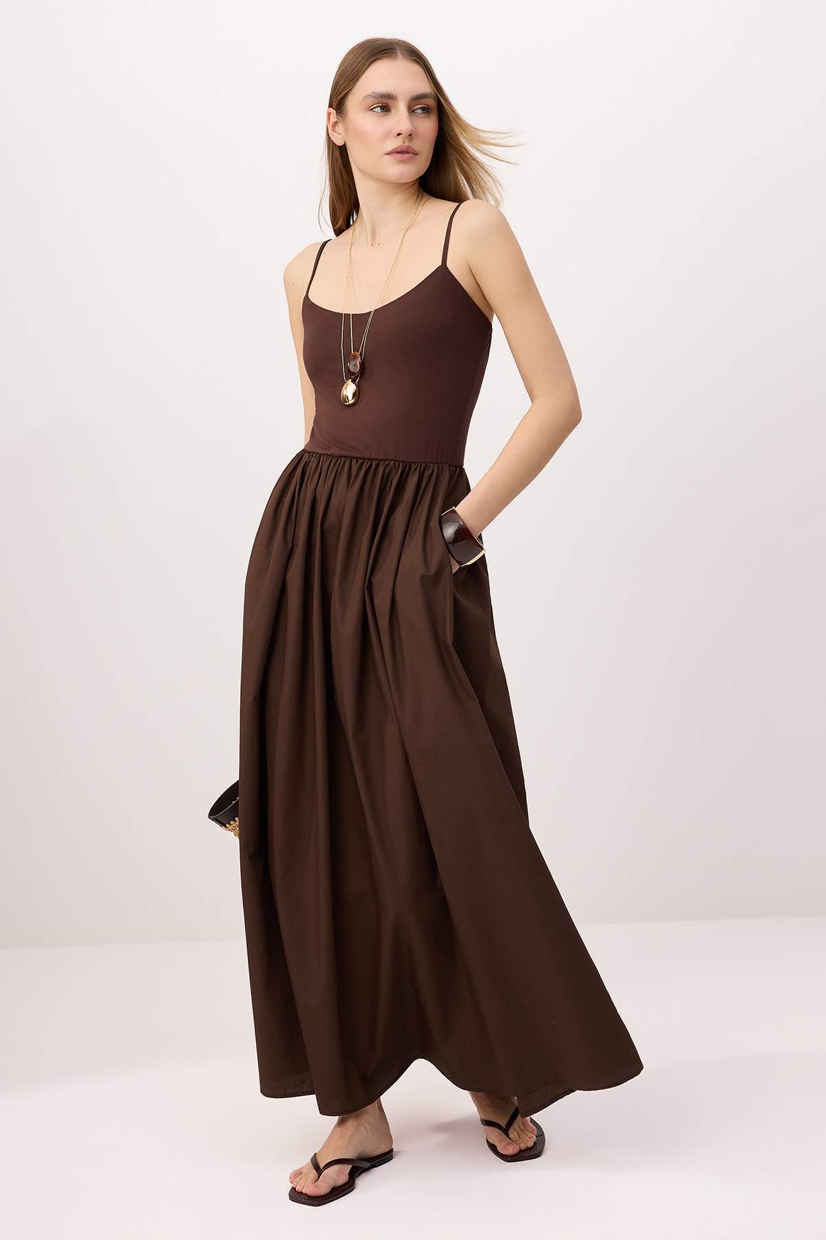 Trendyol Collection Brown Straight Maxi Woven Dress Twoss25El00869