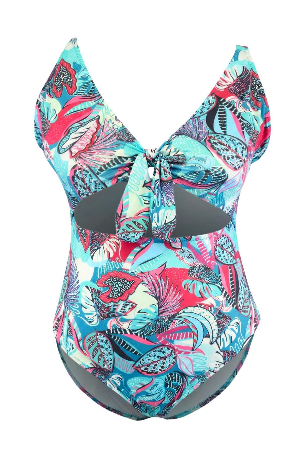 Trendyolmilla Curve Çok Renkli Derin V Cut Out Bağlama Detaylı Soyut Desenli Büyük Beden Mayo TBBSS23AM00008