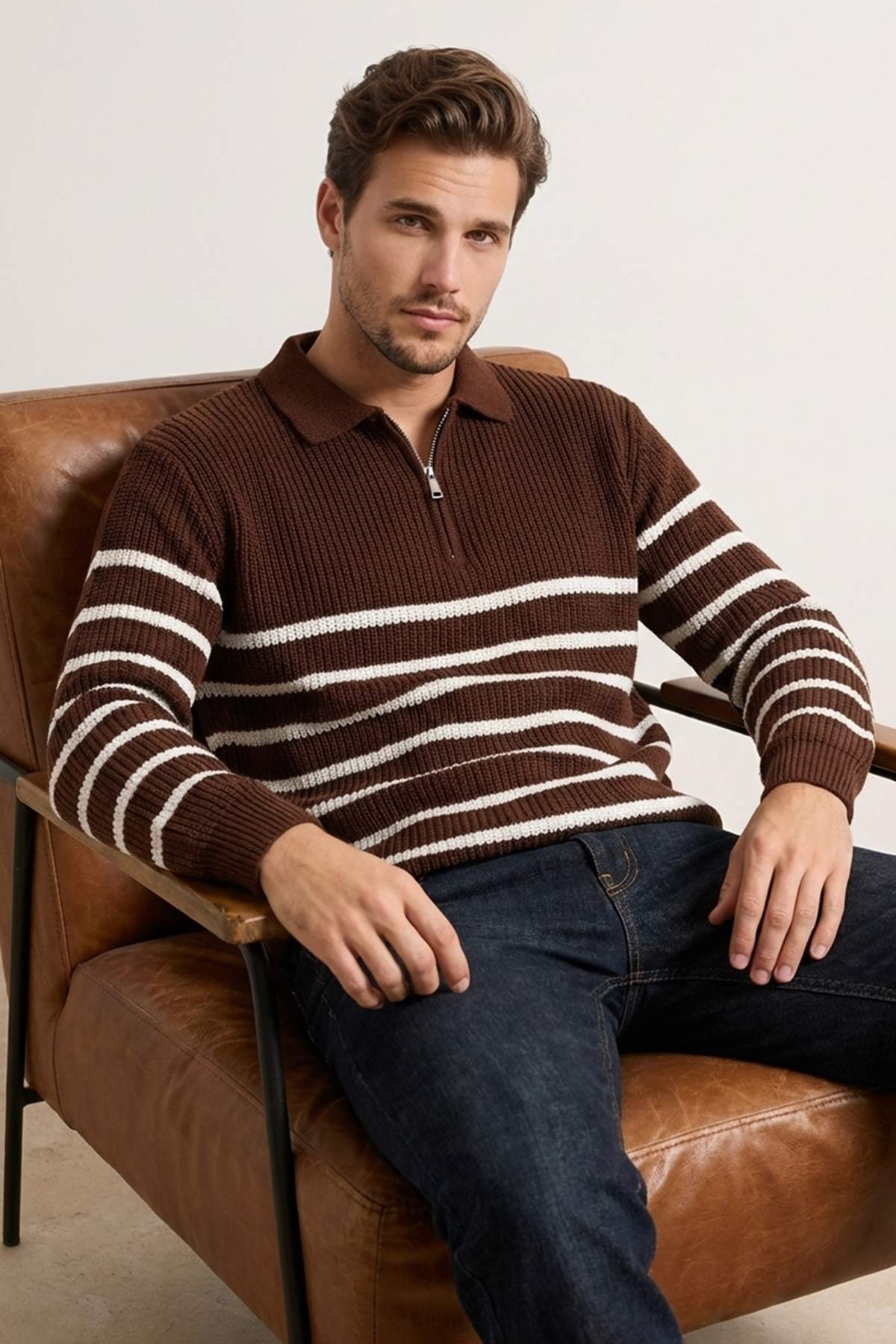 Trendyolmilla Man Kahverengi Oversize Polo Yaka Çizgili Kazak TMNAW24KZ00018