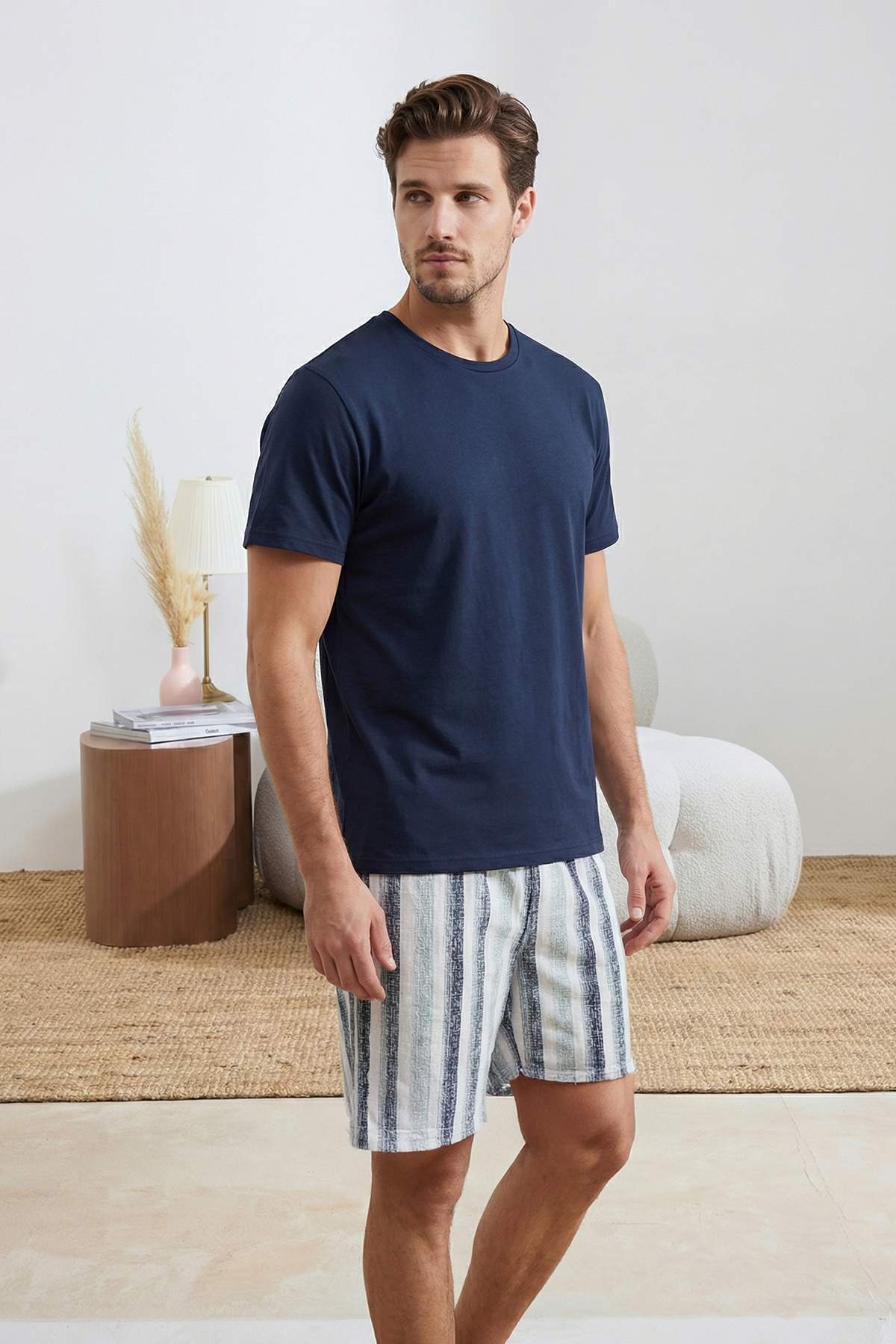 Trendyolmilla Man Indigo Regular Kesim Çizgili Pamuklu Örme Pijama Takımı TMNSS26PT00032