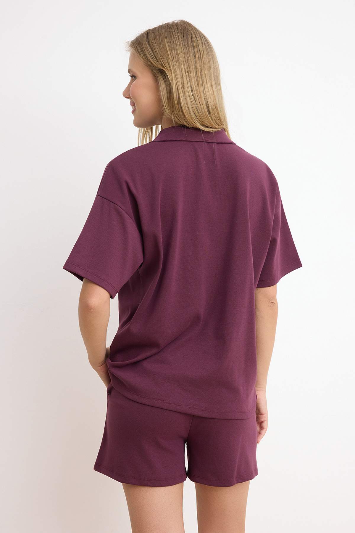 Trendyolmilla  Mürdüm Oversize Düşük Kol Kısa Kollu Pamuk Ribana Örme Alt-Üst Takım TWOSS26AU00121 - Görsel 4