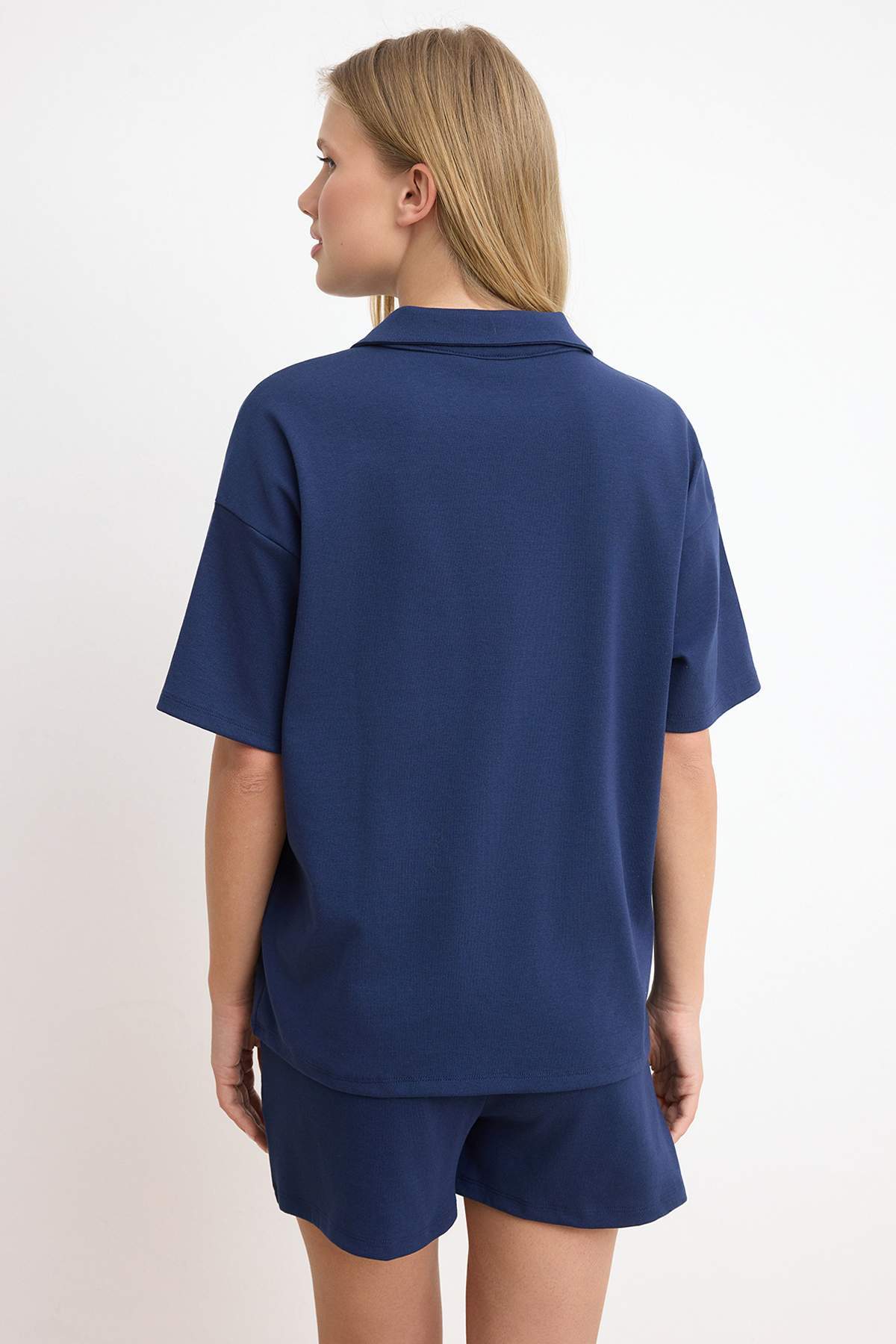 Trendyolmilla  Lacivert Oversize Düşük Kol Kısa Kollu Pamuk Ribana Örme Alt-Üst Takım TWOSS26AU00121 - Görsel 4