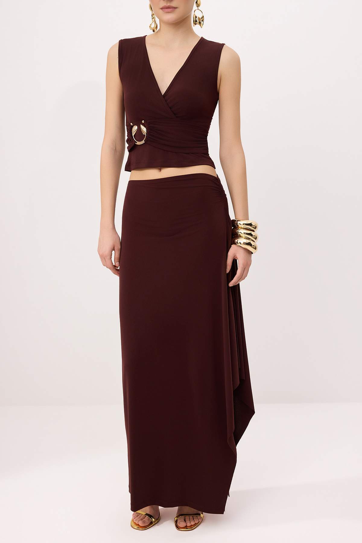 Trendyolmilla  Kahverengi Aksesuar Detaylı Örme Party İkili Alt - Üst Takım TPRSS26AU00005 - Görsel 3