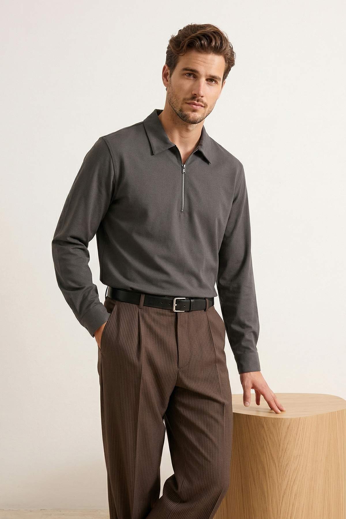 Trendyolmilla Man Antrasit Regular Fit Gabardin Polo Yaka Erkek Gömlek TMNSS26GO00003