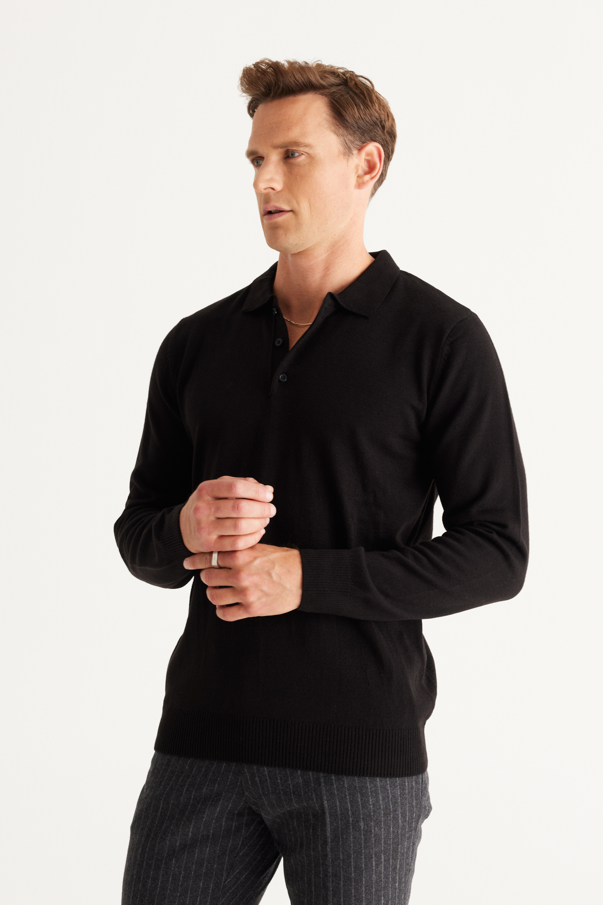 Erkek Siyah Tüylenme Yapmayan Anti Pilling Kumaş Standart Fit Polo Yaka Triko Kazak — مشکی 4A4923100003 — تصویر 8 از 8