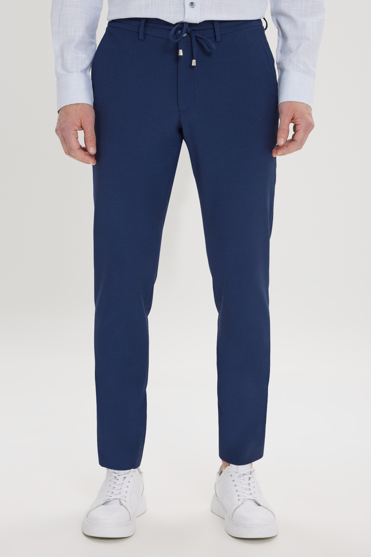 Men's Navy Blue Slim Fit Side Pocket Wafer Patterned Trousers with Narrow Cut Waist Tie