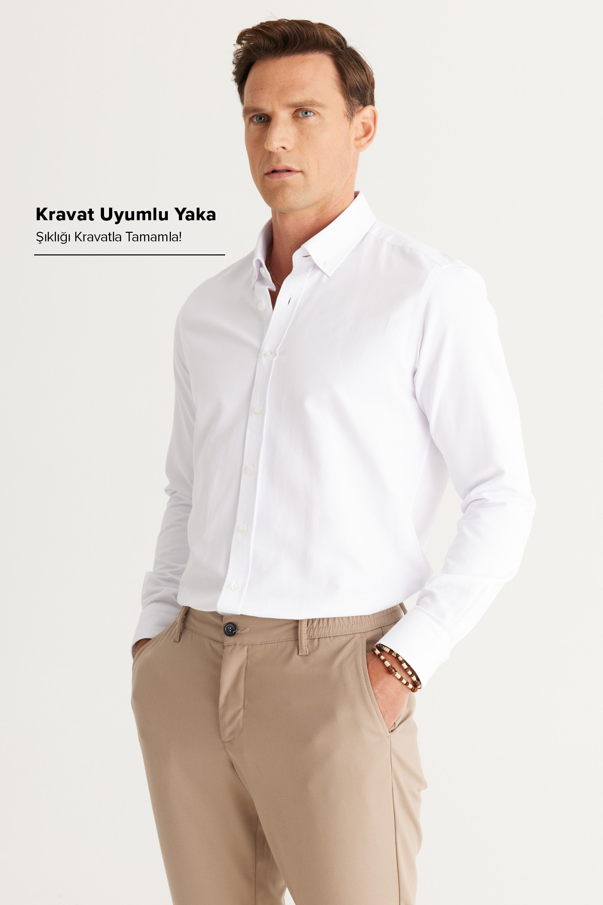 AC&Co / Altınyıldız Classics  Erkek Beyaz Kolay Ütülenebilir Slim Fit Dar Kesim Oxford Düğmeli Yaka Armürlü Pamuklu Gömlek