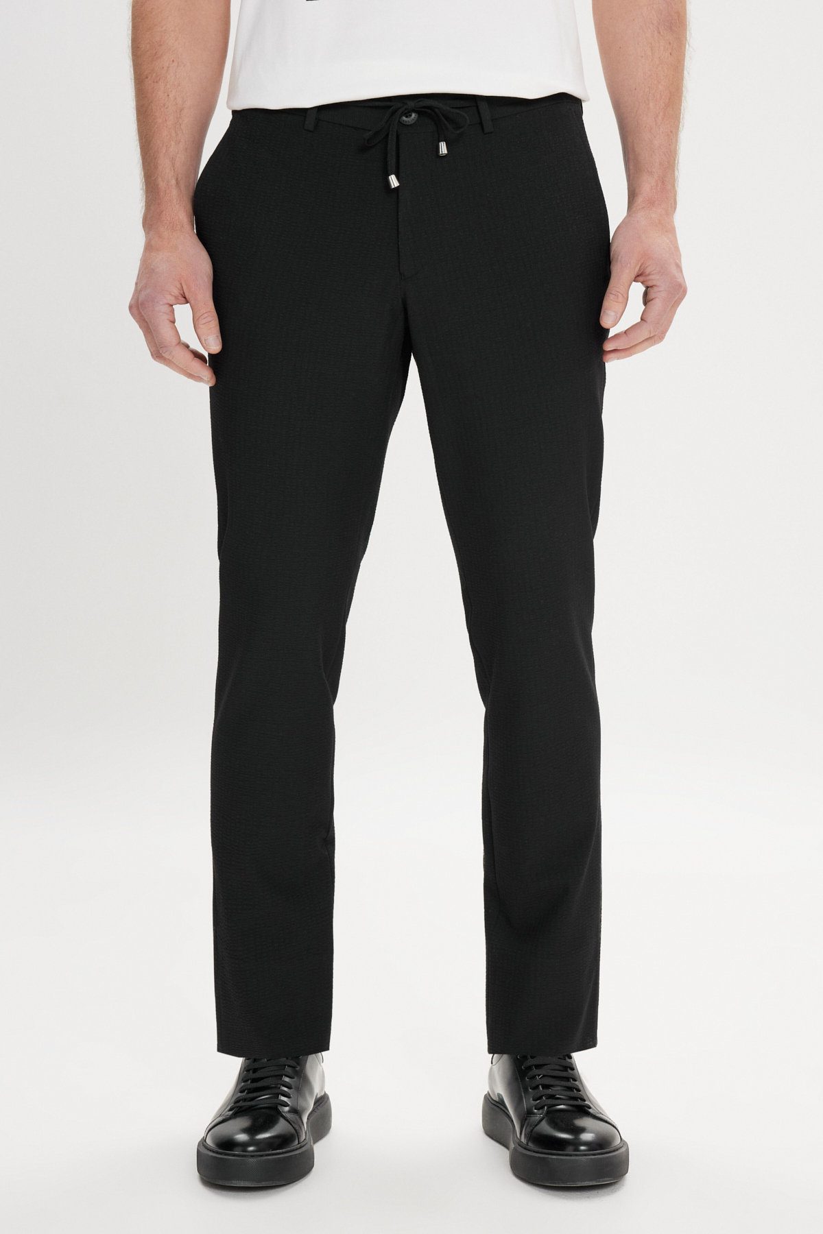 Men's Black Slim Fit Side Pocket Wafer Patterned Trousers with Tie on Narrow Waist
