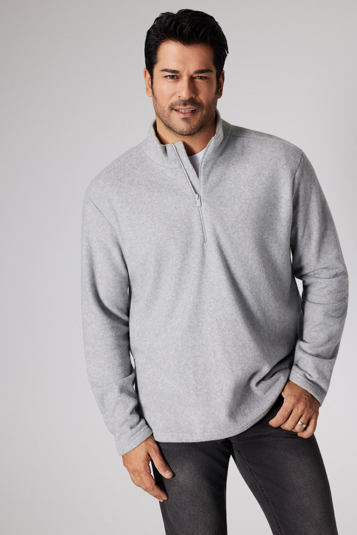AC&Co / Altınyıldız Classics Erkek Gri Anti-pilling Tüylenme Yapmayan Standart Fit Dik Bato Yaka Soğuk Geçirmez Polar Sweatshirt