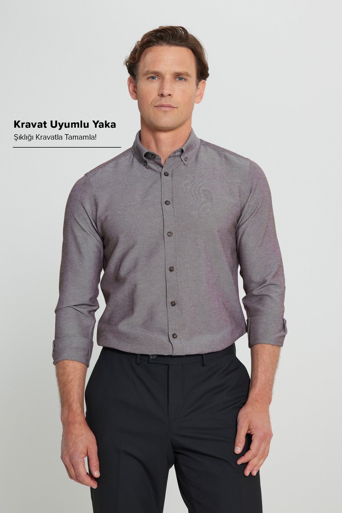 Men's Oxford Easy Iron Cotton Sweatproof Shirt Brown Buttoned Collar Slim Fit Slim Fit