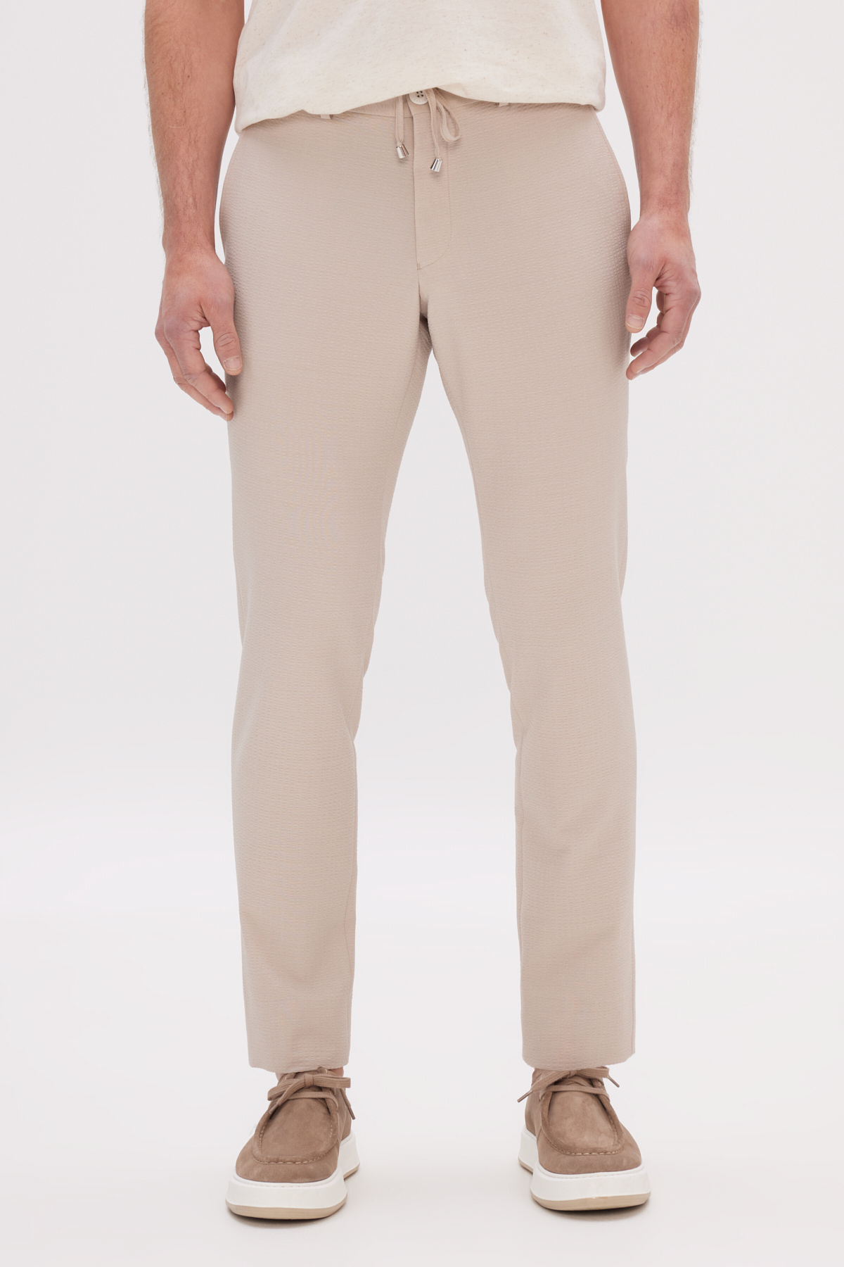 Men's Beige Slim Fit Side Pocket Wafer Patterned Trousers with Tie on Narrow Waist
