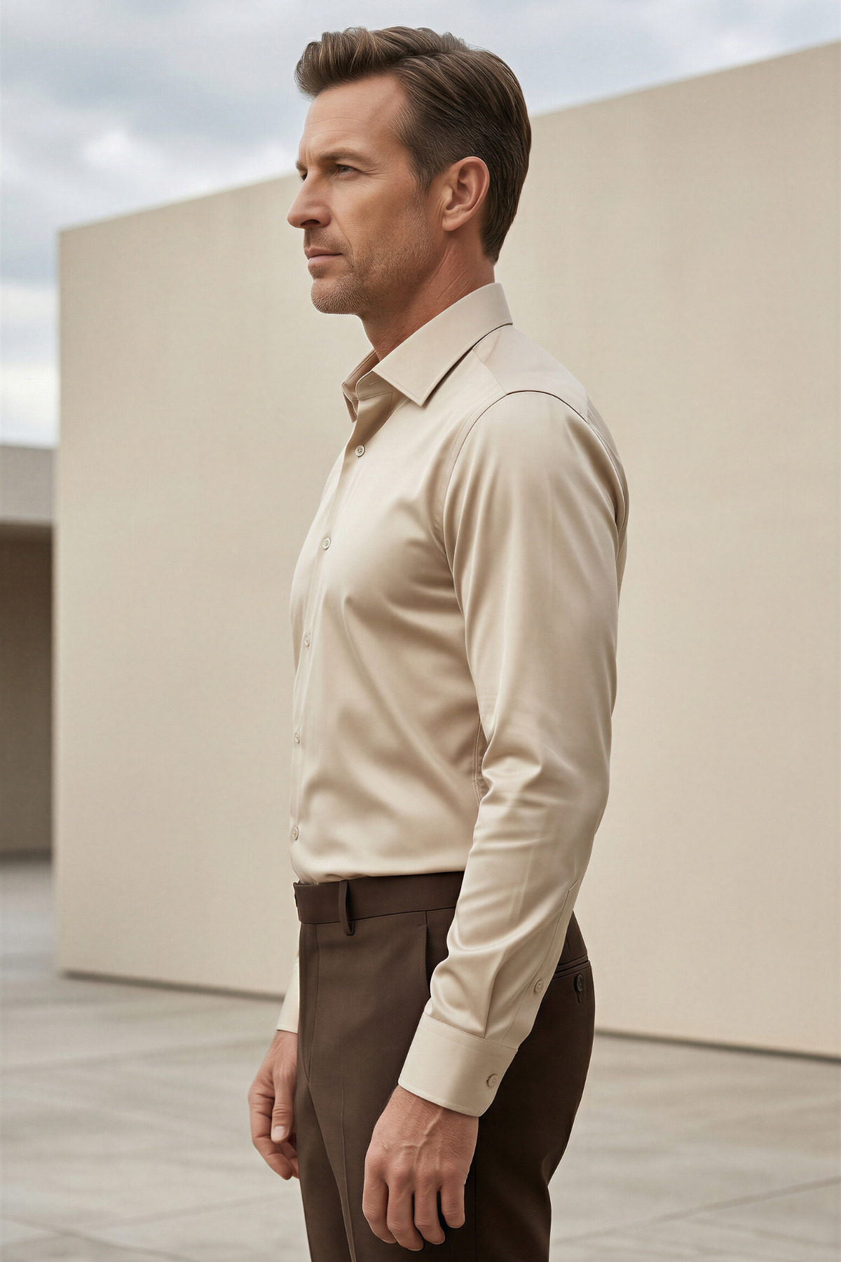 Erkek Bej Rengi %100 Pamuk Saten Non-Iron Ütü Istemeyen Casual Cepsiz Modern Fit Gömlek — بژ elagance00719472 — تصویر 3 از 3
