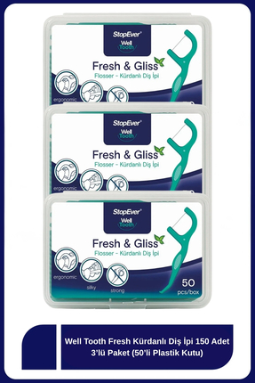 StopEver Well Tooth Kürdanlı Diş İpi Fresh & Gliss 3 Adet x 50'li Plastik Kut...