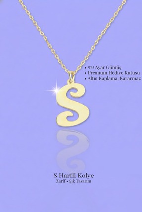 Jewelmim S Harfli Gümüş Kolye 18 Ayar Sarı Altın Kaplama Baş Harf Kararmaz 92...