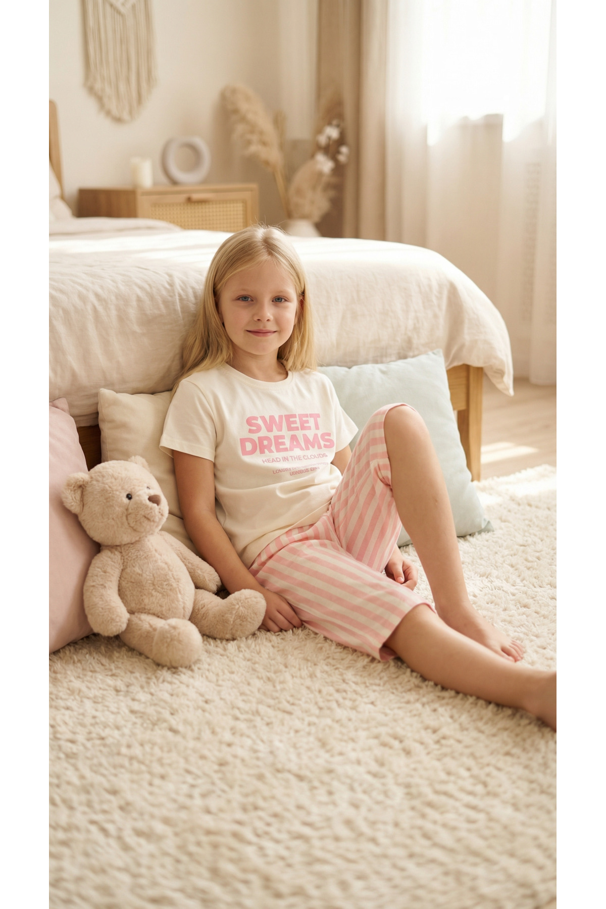 vitmo Girl's short sleeve 100% Cotton capri pajama set sweet dreams