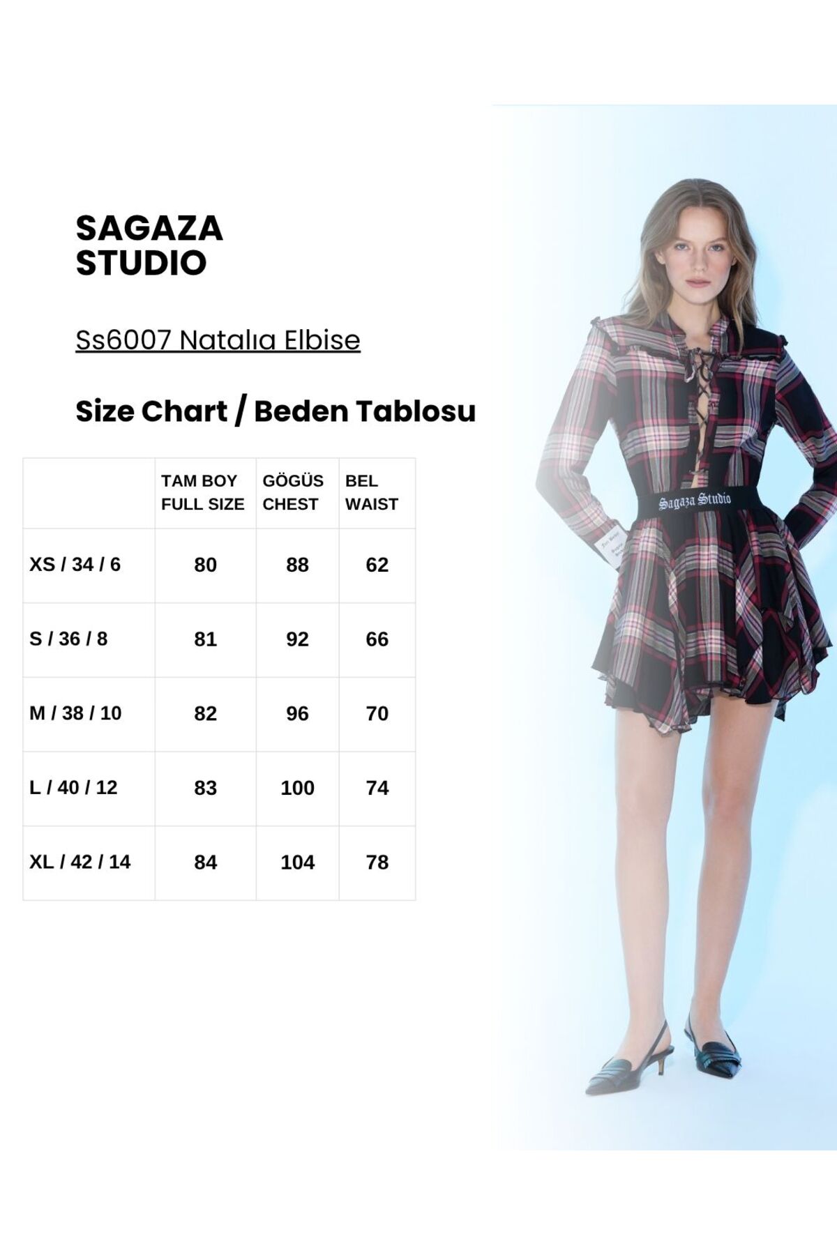 Sagaza Studio SS6007 Ekose Desenli Asimetrik Mini Elbise görsel 7