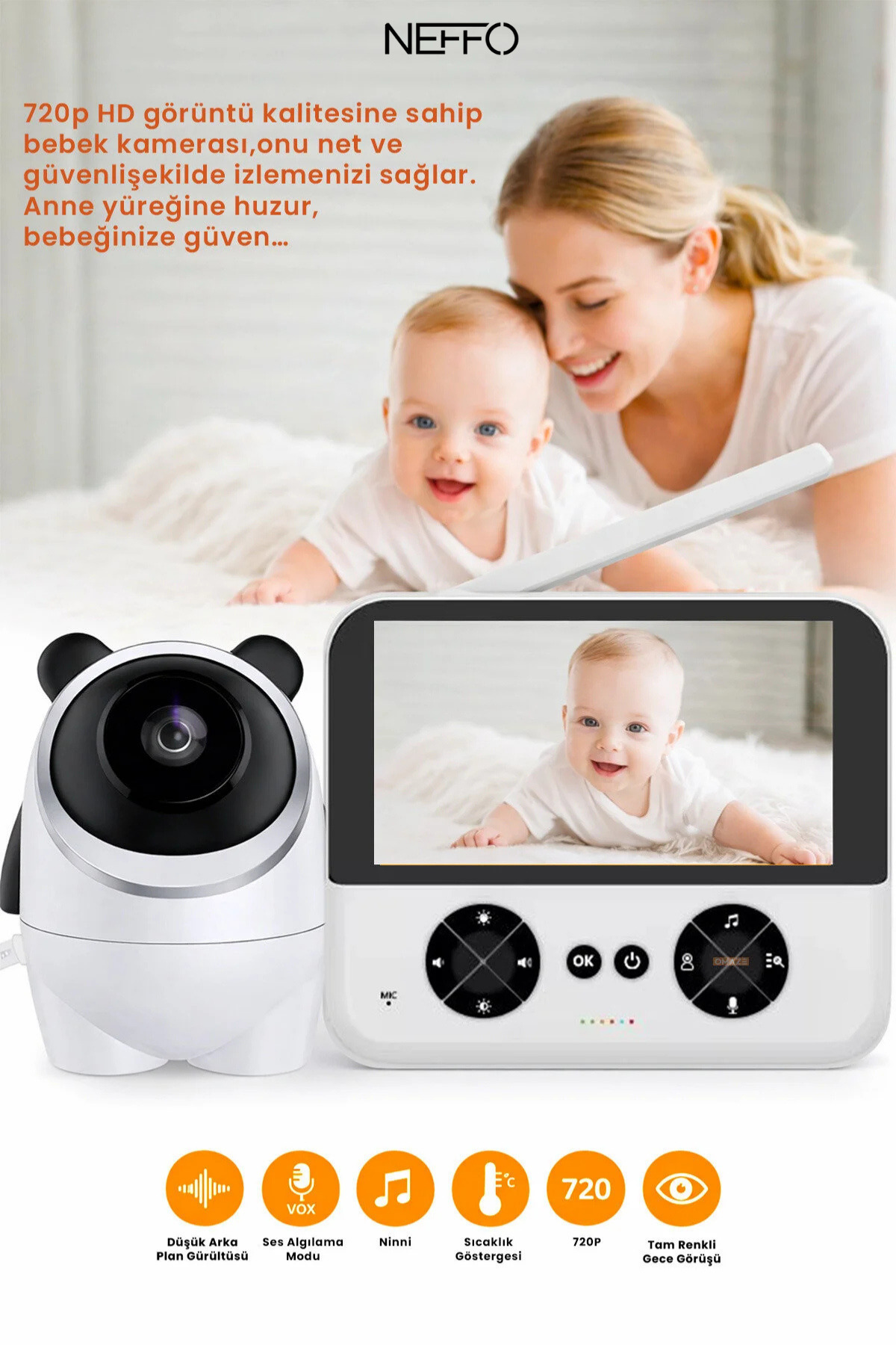 NEFFO Ekranlı Bebek Kamerası Gece Görüşlü Hareketli Ip Güvenlik Kamera Monitörü Oda Sıcaklık Kontrollü fotoğrafı 3 (önizleme)