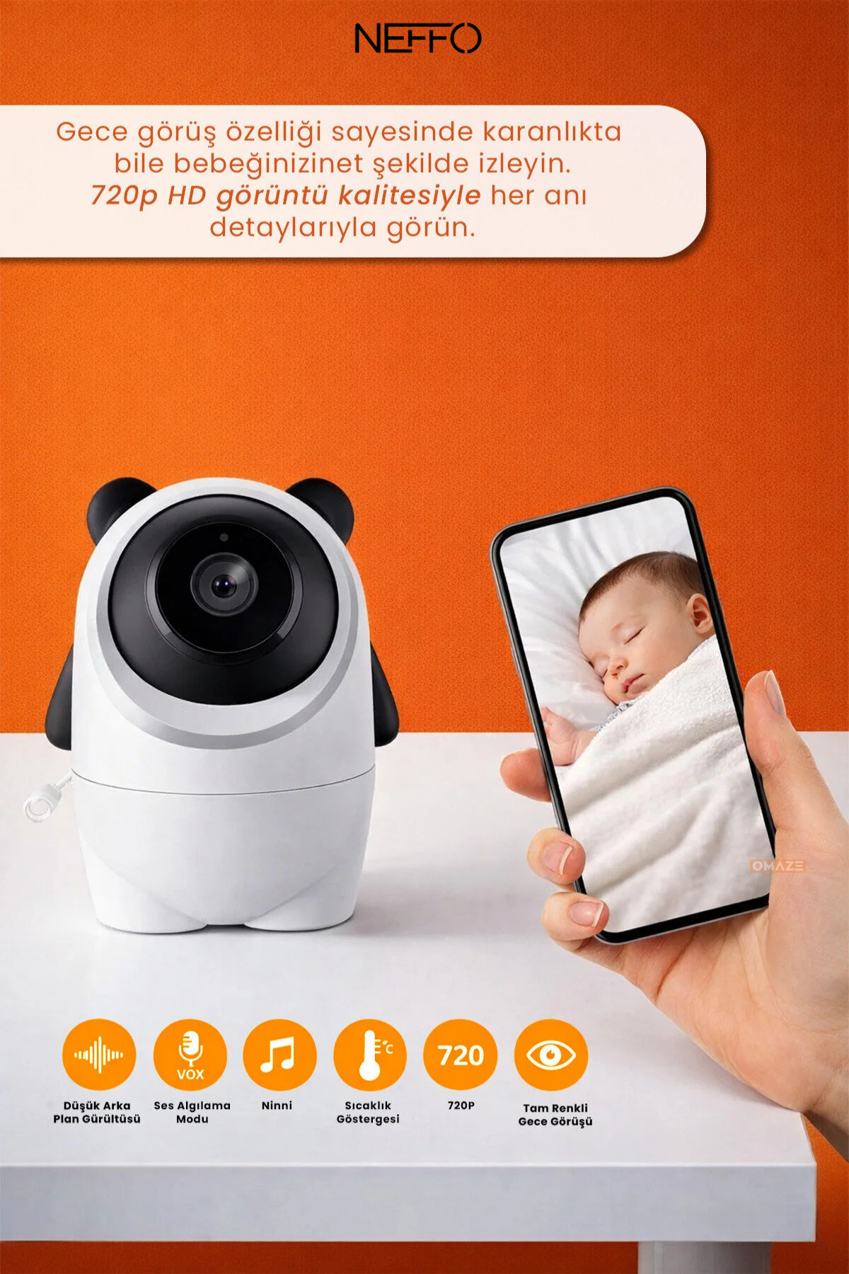 NEFFO Ekranlı Bebek Kamerası Gece Görüşlü Hareketli Ip Güvenlik Kamera Monitörü Oda Sıcaklık Kontrollü fotoğrafı 7 (önizleme)